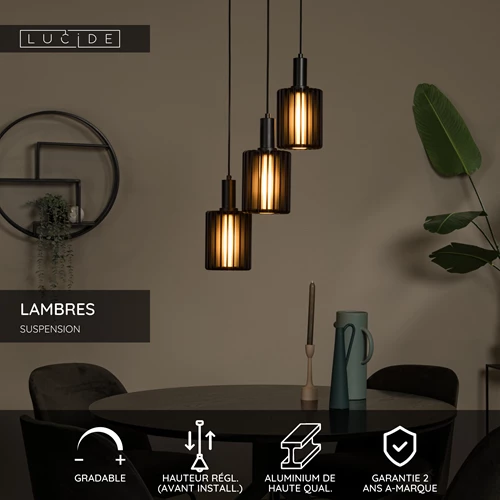 Lucide LAMBRES - Suspension - 3xE27 - Noir - USP